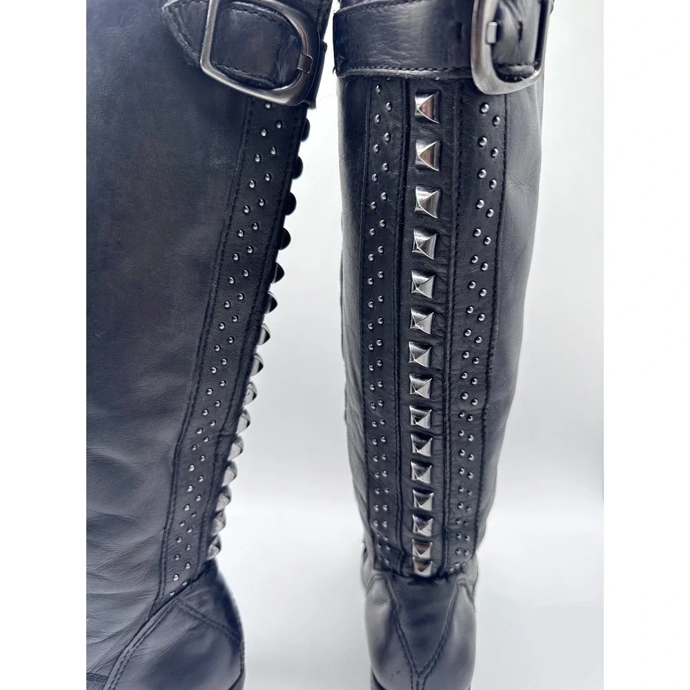 Vince Camuto Bollo Black Leather Knee High Biker Moto Goth Studded Boots 6.5 B - Picture 2 of 16